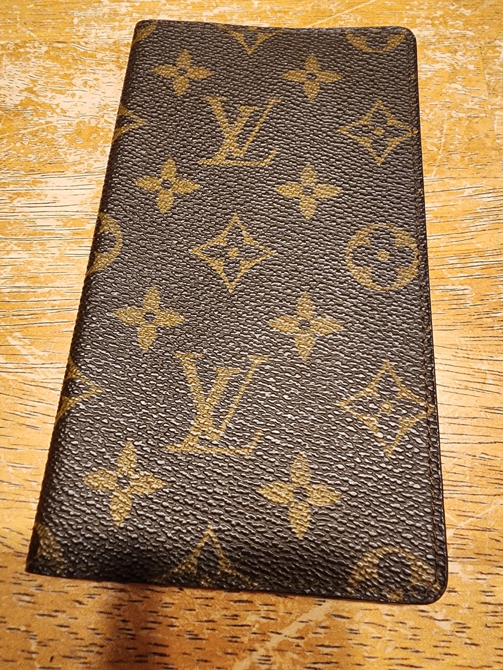 vintage brown monogram coated canvas vertical wallet or checkbook holder